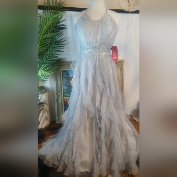 VIDEO! BNWT Elegant Sparkle Silver Ruffled EMBROIDERED W/ CRYSTALS Gown Sz3/4 - Picture 1 of 17